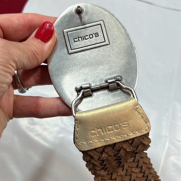 Chicos BLING beige white gem stone WIDE hook BELT beaded OVAL BUCKLE braided 41” - Picture 6 of 13